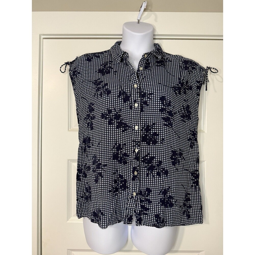 Westport Women's Sleeveless Top Size XL Dark Navy Blue Checked Button-up